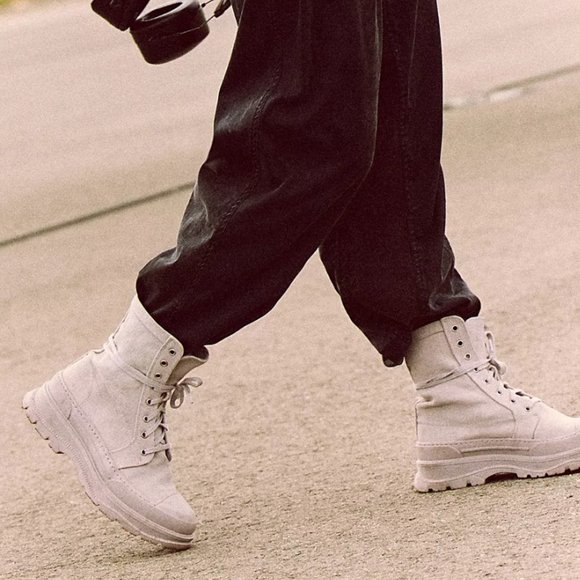 Free People Camp Out Canvas Lace-Up Boots in Dove Grey - Picture 3 of 16